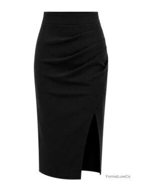 Women's High Waist Ruched Business Casual Midi Skirt with Front Slit